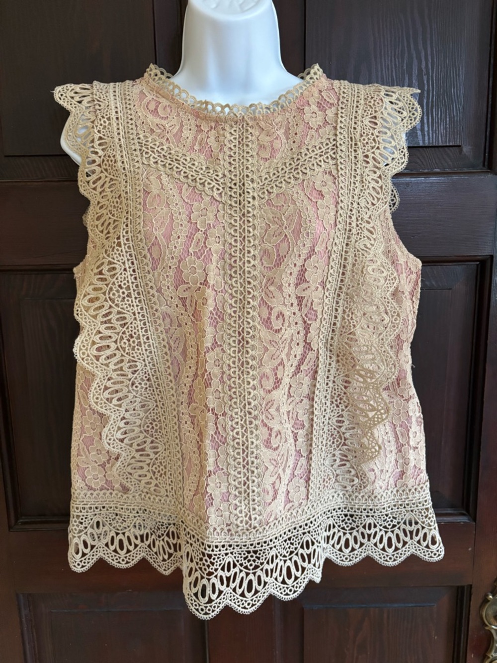 Anthropologie Eri + Ali Lace Overlay Sleeveless Top in Cream and Pink Small